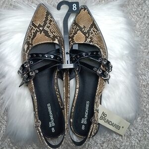 No Boundaries Snakeskin Flats with Black Straps